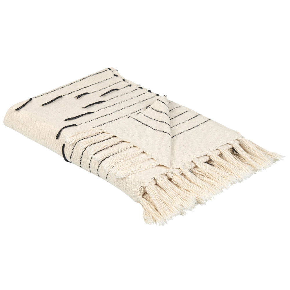 Coperta in cotone bianco e nero 130 x 170 cm con motivo a righe e frange decorative, fatta a mano.