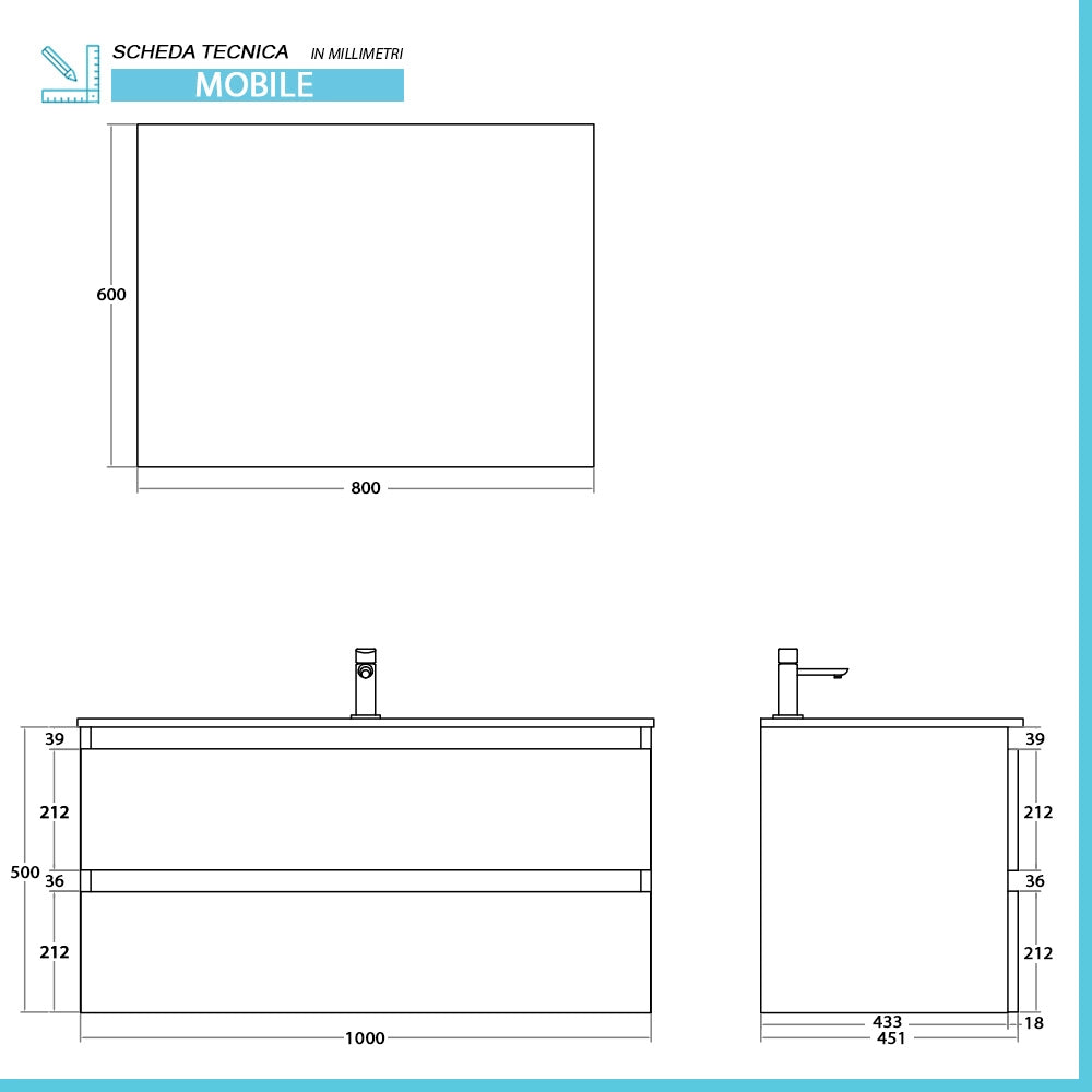 Mobile bagno sospeso 100 cm bianco e rovere con cassetti soft-close Kleo