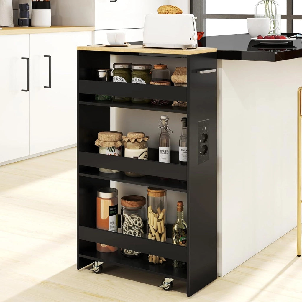 Scaffale per Nicchia da 20 cm di Larghezza, con Base di Ricarica, 4 Piani in Legno su Ruote, Scaffale Sottile per Cucina e Bagno, Carrello a Rotelle (Naturale+Nero, Largo 20cm, con presa)