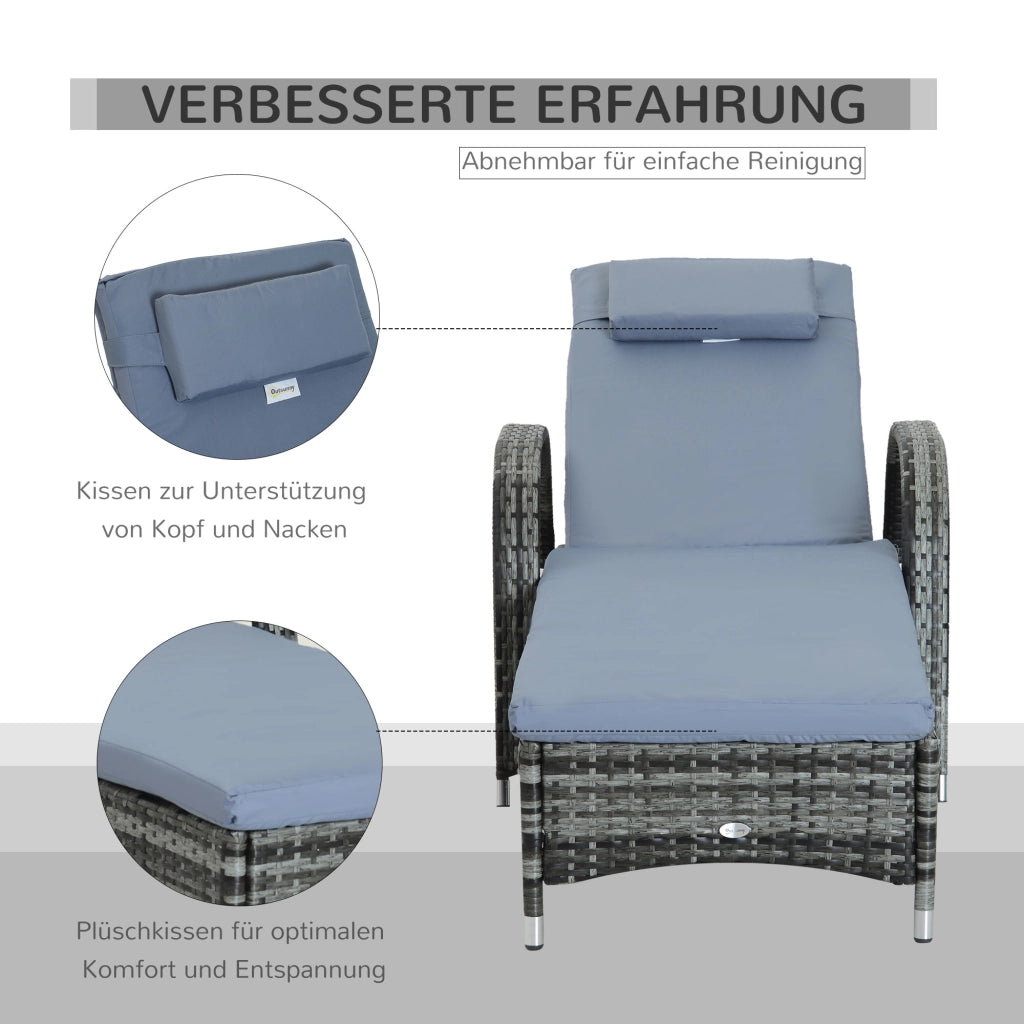 Lettino da giardino con cuscino, schienale regolabile, struttura in metallo, polyrattan, grigio, 200x73x103 cm ¨C zephmum