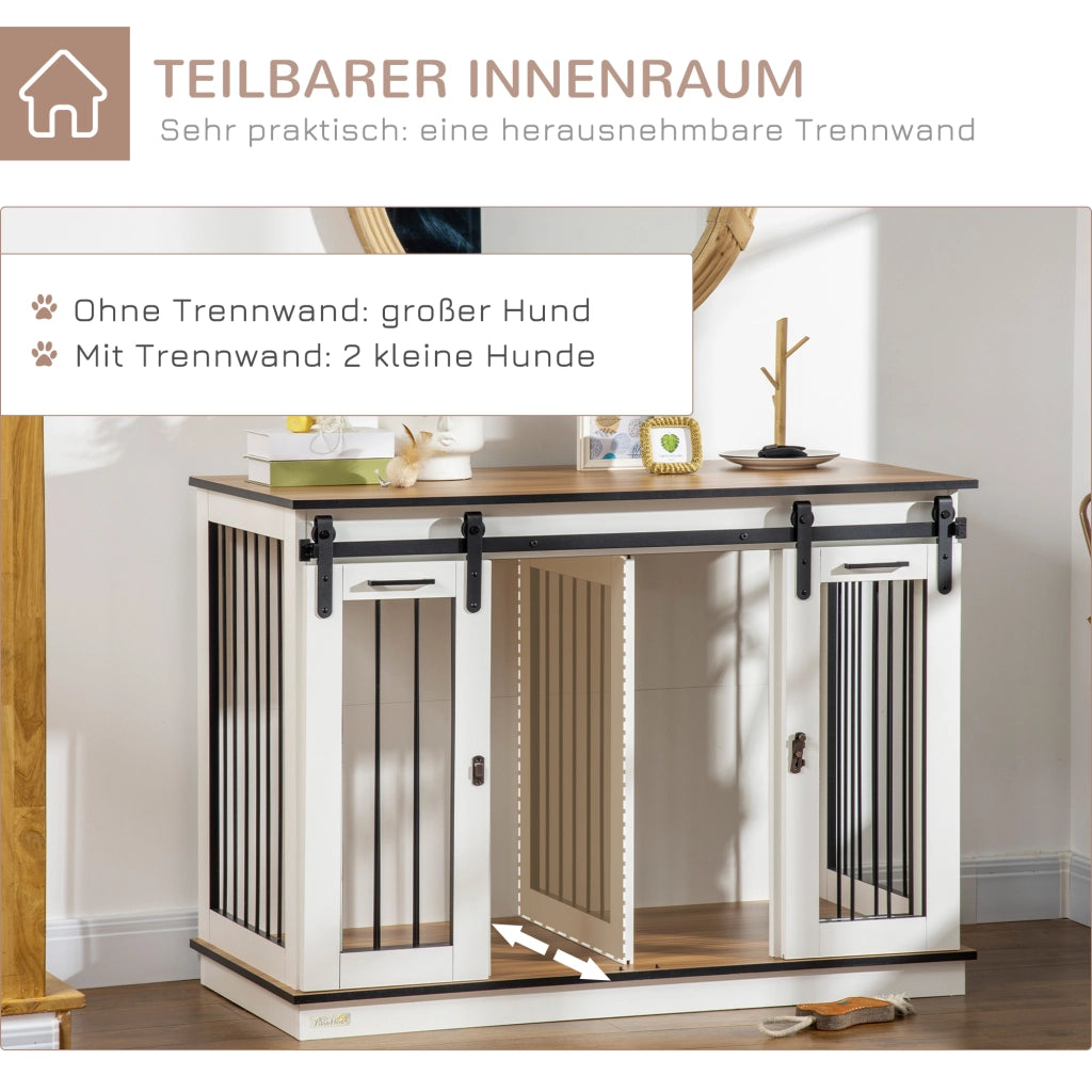 Gabbia per cani con divisorio rimovibile e doppie porte con griglie ventilazione in legno bianco 120 × 60 × 88,5 cm