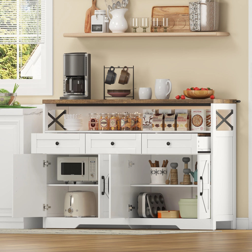 Credenza 140 cm, 3 cassetti in MDF bianco e marrone, stile rustico