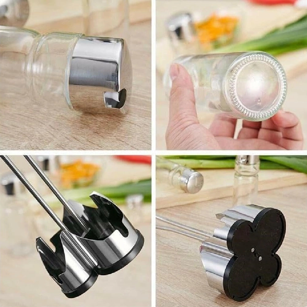 Oliera Acciaio e Vetro 4 pezzi Cucina Porta Olio Aceto Sale Pepe con Supporto