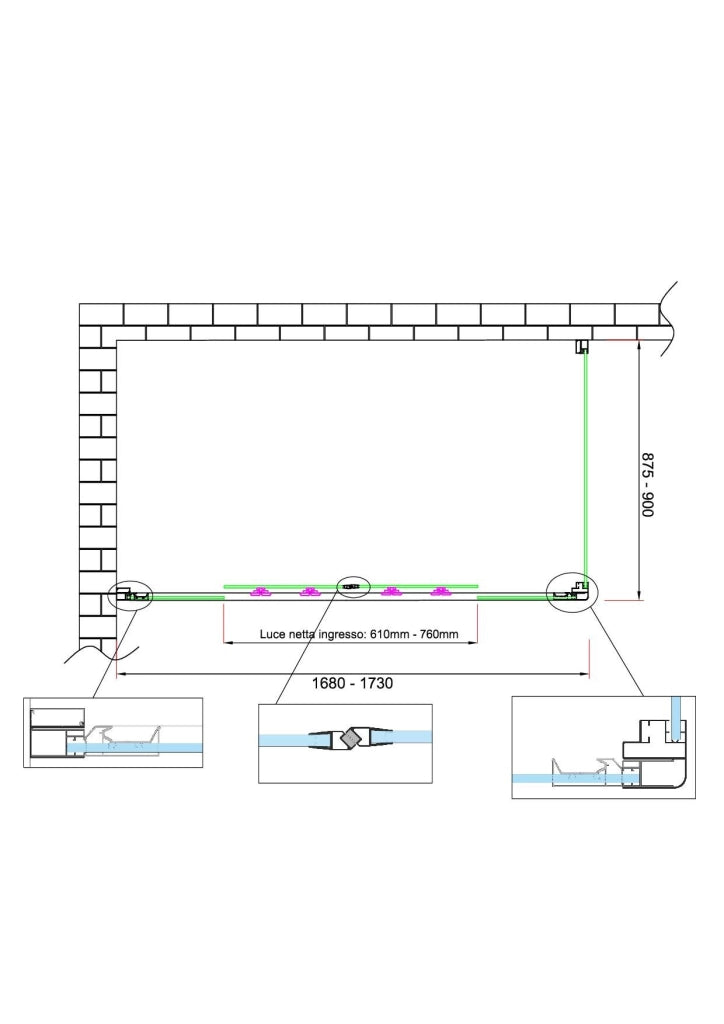 Box doccia 6 mm H 190 parete fissa e porta a 4 ante con apertura centrale MISURA 87,5-90 ANTA FISSA + PORTA 168-173