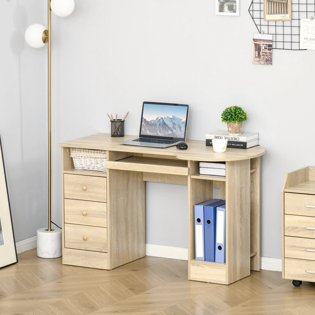 Scrivania da PC per Ufficio con Scaffali, Cassetti e Ripiano Testiera in Legno, 125x60x74cm