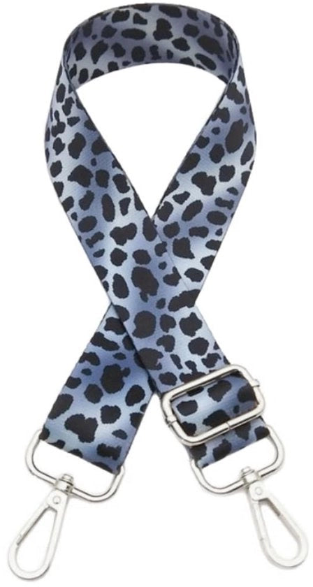 Cintura adattabile 75-130 cm - Cinturino a spalla - Polyester - Disegno leopardo - 3,8 cm Largo - Ferro zarghera argentato - Cinturino a spalla