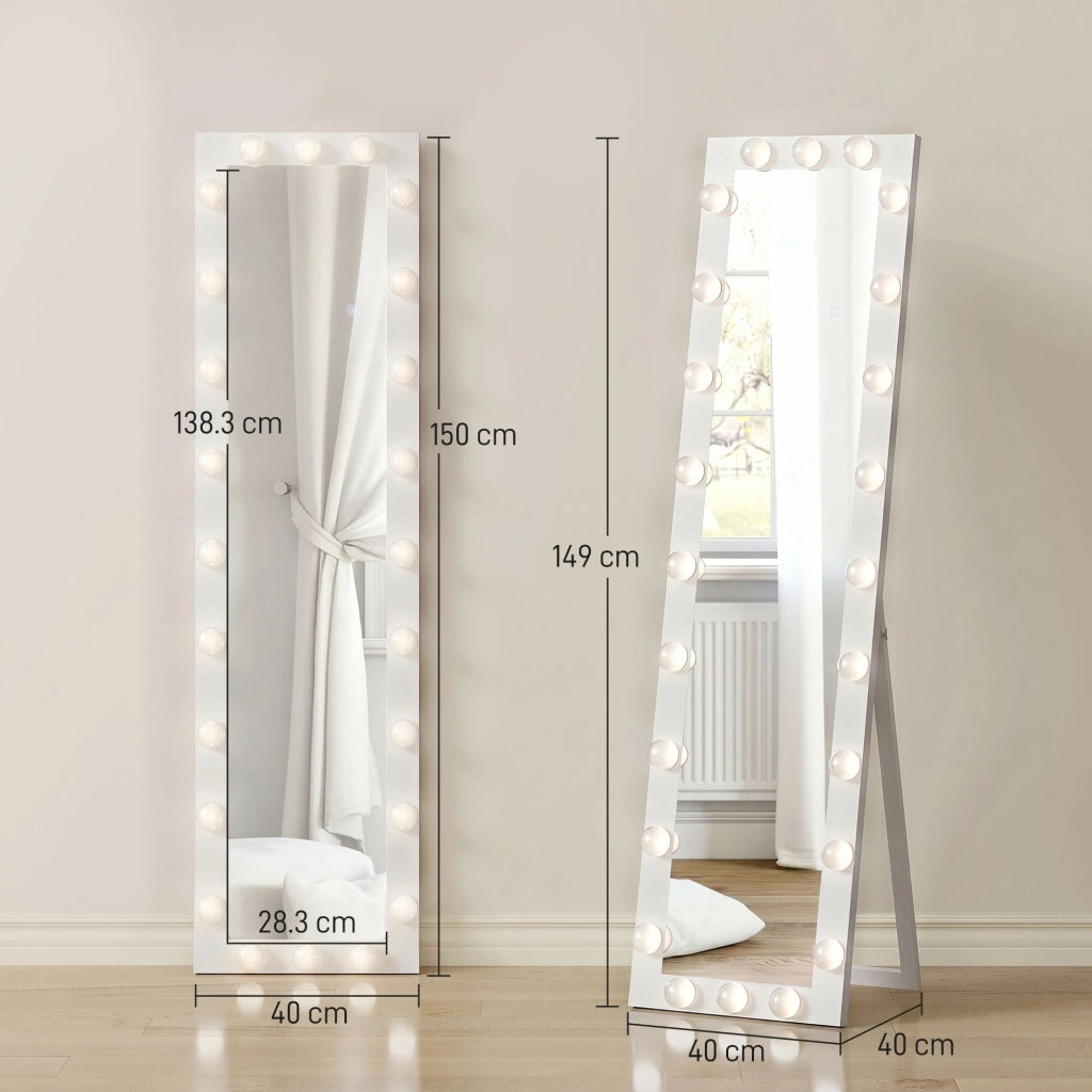 Specchio a figura intera LED 150x40 cm con 24 lampadine 3 modalita di luce da terra bianco