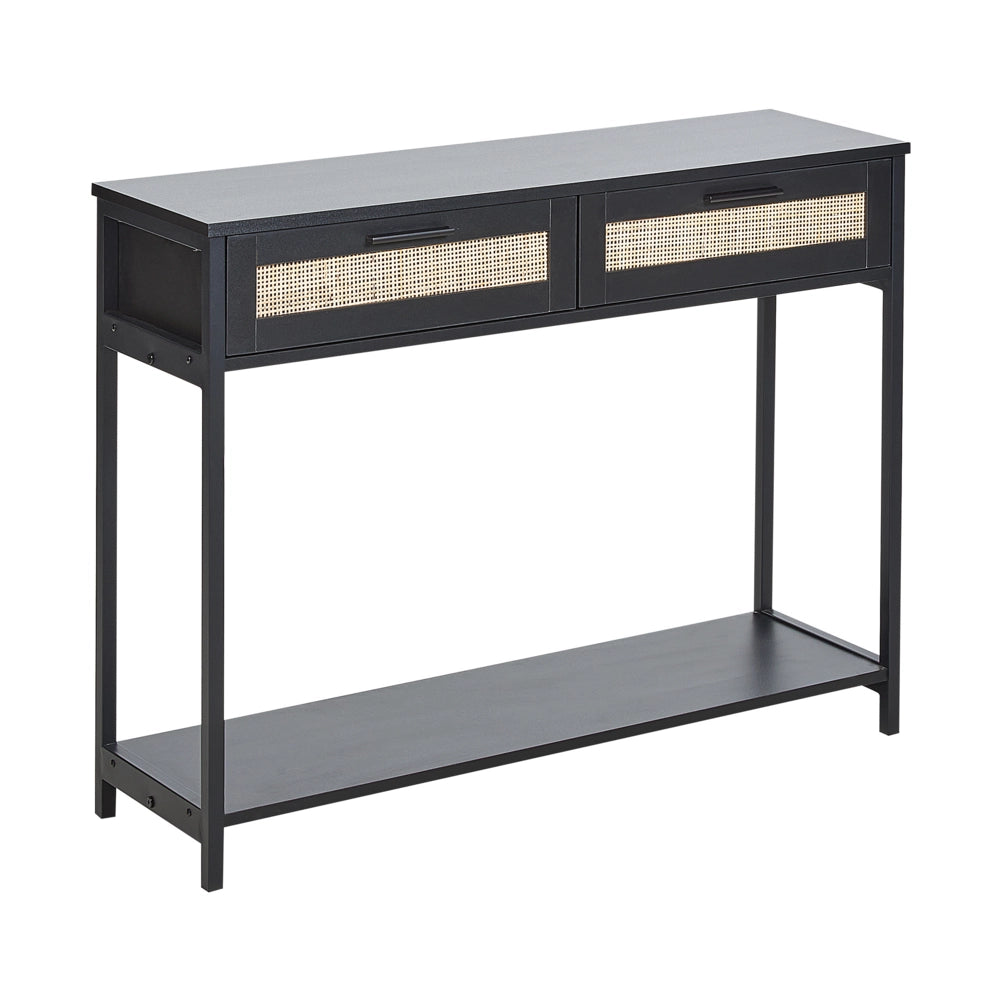 Tavolo Consolle Nero Legno di Fabbrica Gambe in Legno di Gomma Nero 2 Cassetti Fronti in Vimini Rattan Soggiorno Camera da Letto Corridoio Mobili Boho Design