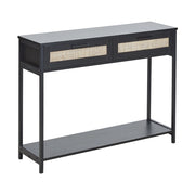 Tavolo Consolle Nero Legno di Fabbrica Gambe in Legno di Gomma Nero 2 Cassetti Fronti in Vimini Rattan Soggiorno Camera da Letto Corridoio Mobili Boho Design