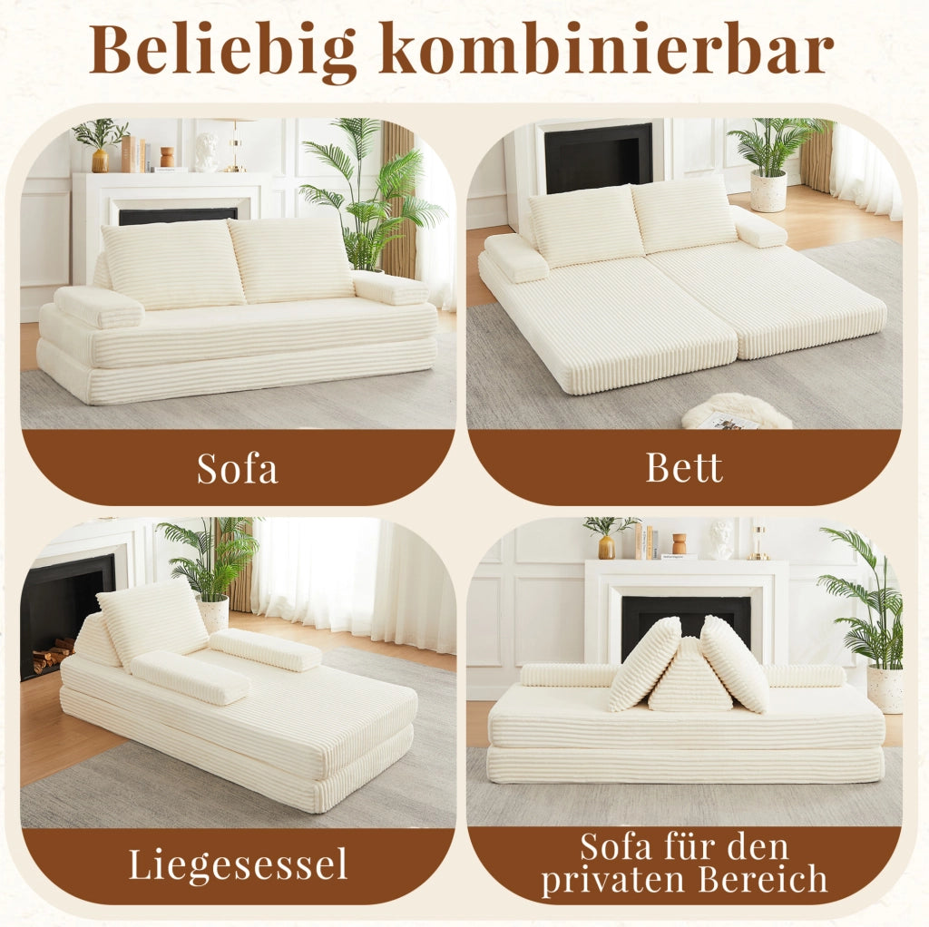Divano modulare ULEVR 211,5 cm in velluto a coste beige con schienali triangolari e braccioli mobili