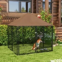 Recinto per Cani in Metallo e Tessuto Oxford con Porticina per Ciotole, 141x141x151 cm, Nero e Marrone
