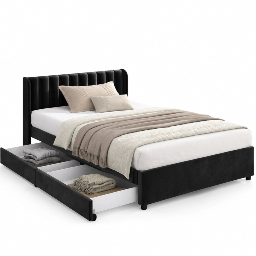 Letto imbottito 140 x 200 cm in velluto nero con rete a doghe, 2 cassetti e testiera alta