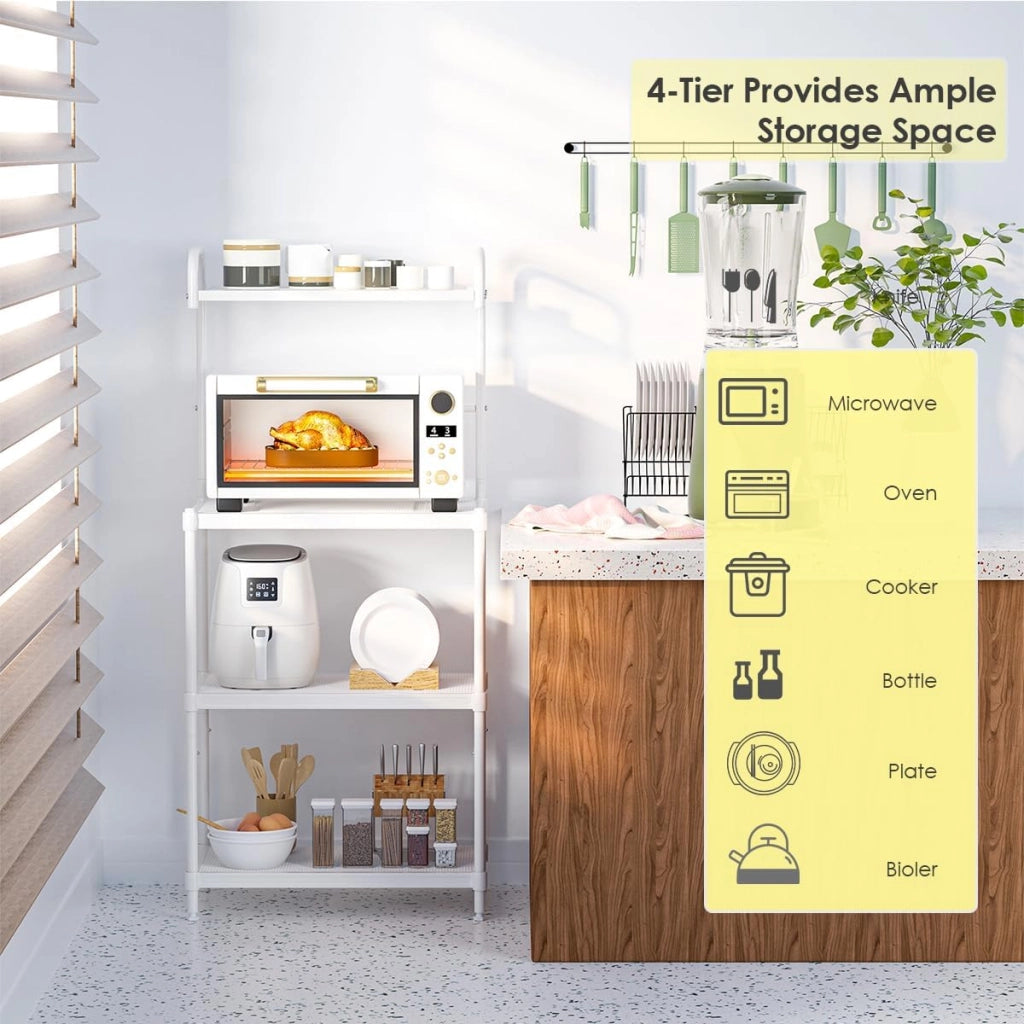 Mensola da Cucina a 4 Livelli in Metallo, con 4 Piedini Antiscivolo, 60 x 34,5 x 136 cm, Supporto per Forno a Microonde, Scaffale Multifunzionale per Cucina e Sala da Pranzo (Bianco)
