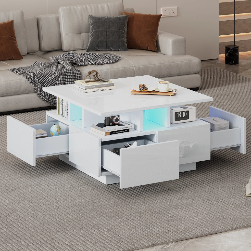 Tavolino da caffè LED bianco 70×70×40 cm con 4 cassetti