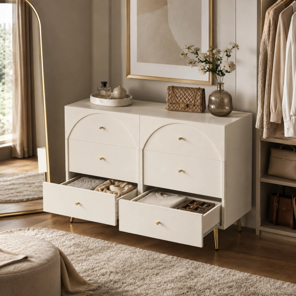 Cassettiera Capiente Con 6 Cassetti Mobile Design Moderno Minimal Per Camera Da Letto Ingresso Cameretta E Stanza Ospiti Dotata Di Piedini E Dettagli Oro 120 X 40 X 85 Cm Bianco