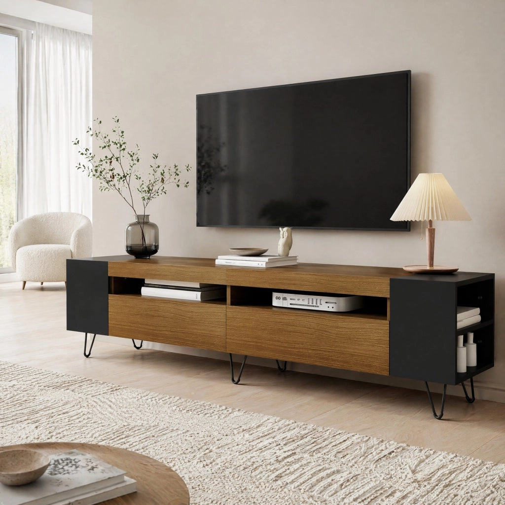 Mobile TV moderno in nero e effetto legno, 180 cm