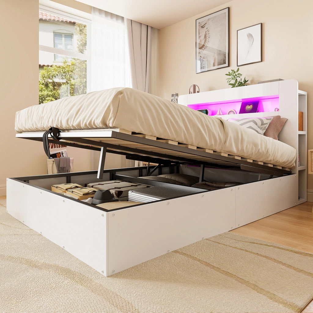 Letto contenitore matrimoniale 140x200 cm in legno bianco con sistema di sollevamento idraulico; LED e prese integrate