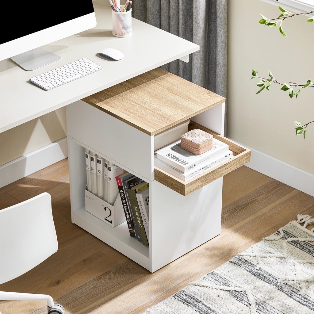 SoBuy Tavolino stampante Mobiletto ufficio Cassettiera compatta Supporto stampante Tavolino divano Bianco-Naturale 40x50x65 cm ASK08-WN