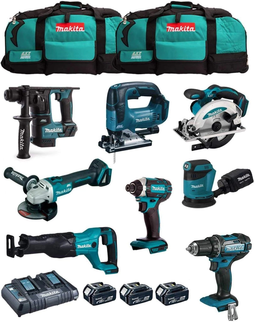 Kit di Utensili Elettrici MK801 (DDF482 + DHR171 + DGA504 + DTD152 + DJV182 + DSS610 + DJR186 + DBO180 + 3 Batterie 18V 5,0 Ah + Caricabatterie + 2 x LXT600)