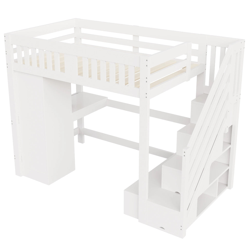 Letto a soppalco 140 × 200 cm con scala contenitore, scrivania, armadio, LED, panca, sans materasso, bianco