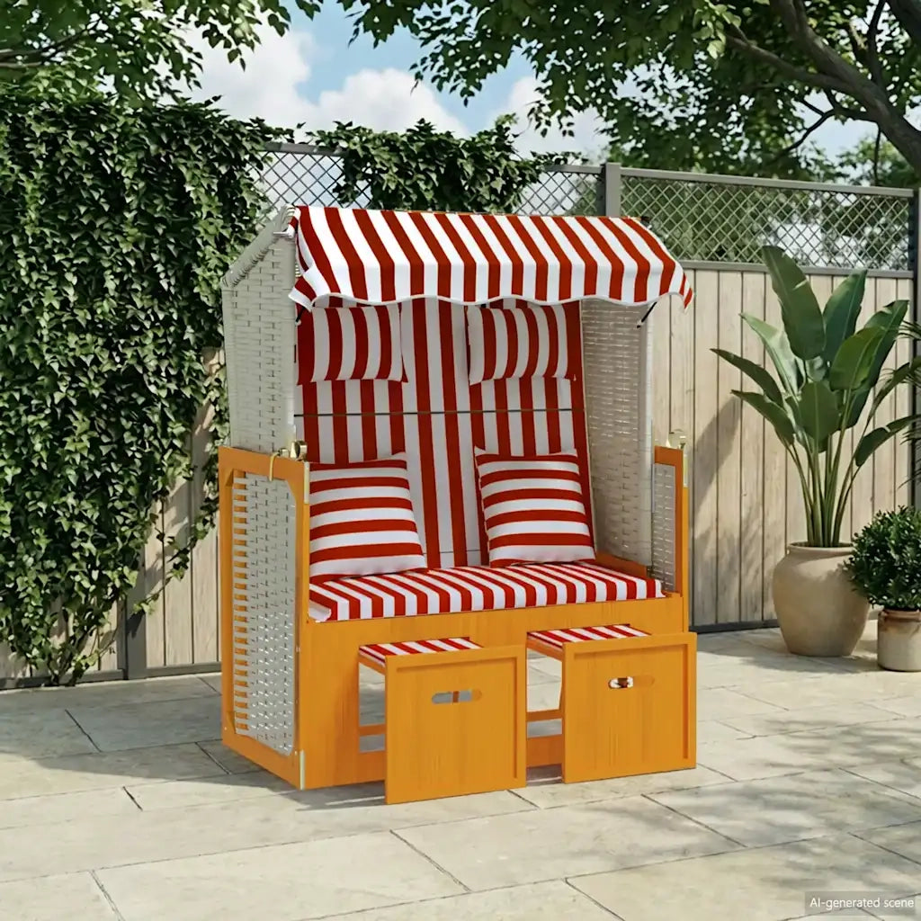 Strandkorb con Cuscini Polyrattan e Legno Massello Rosso Bianco CFW3715179