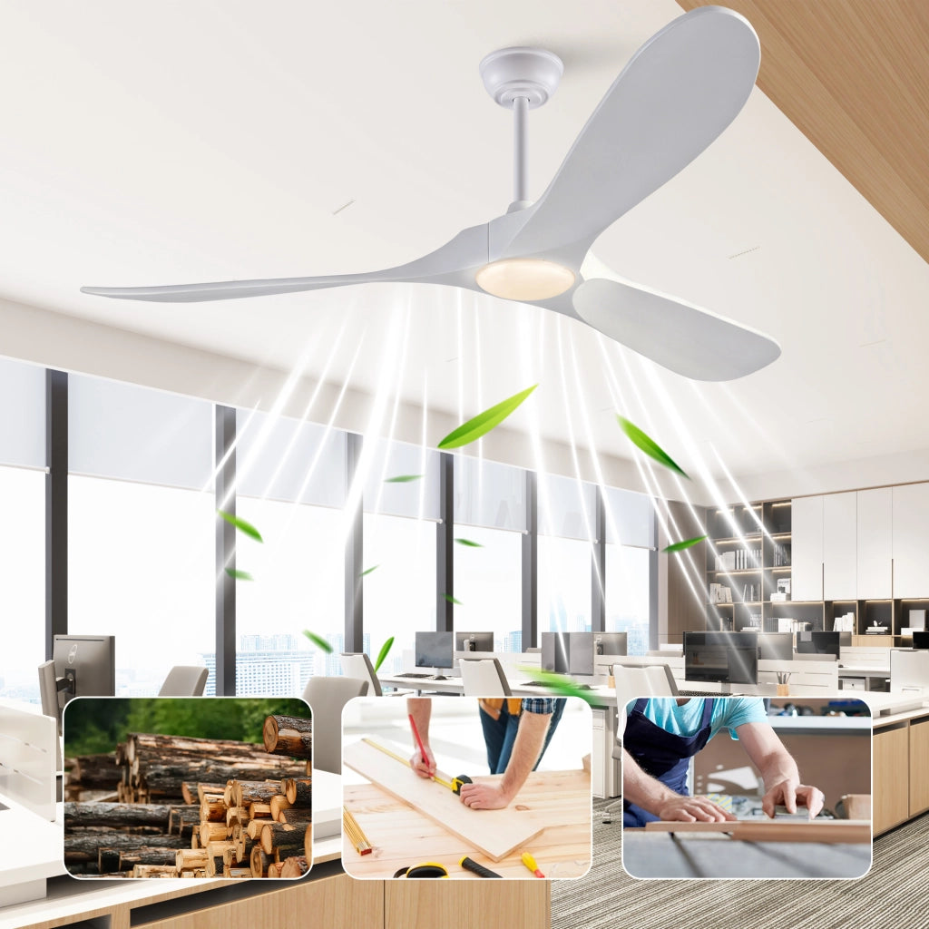 Ventilatore da soffitto da 60 pollici con luce LED; 3 pale in legno massello e telecomando; bianco