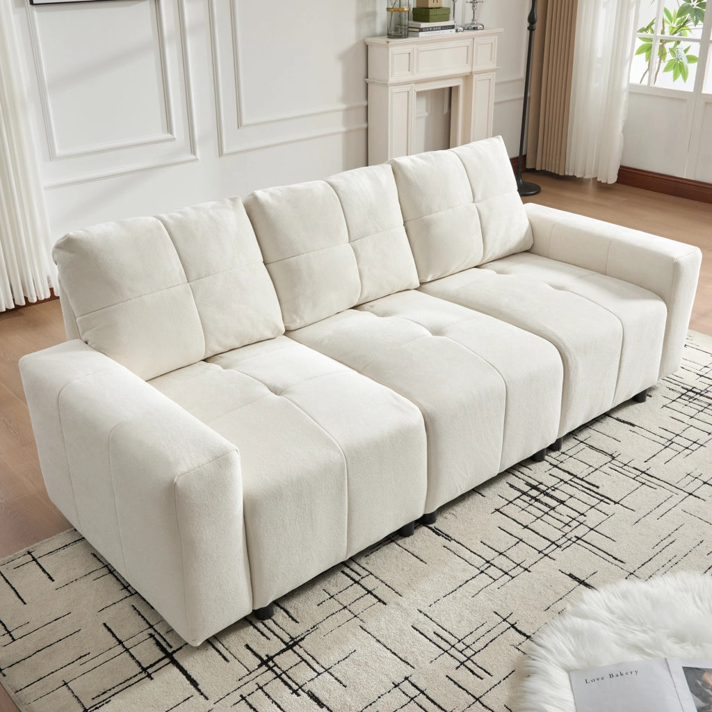 Divano modulare a 3 posti 213 cm con schienale regolabile e funzione letto, tessuto Chenille, beige bianco