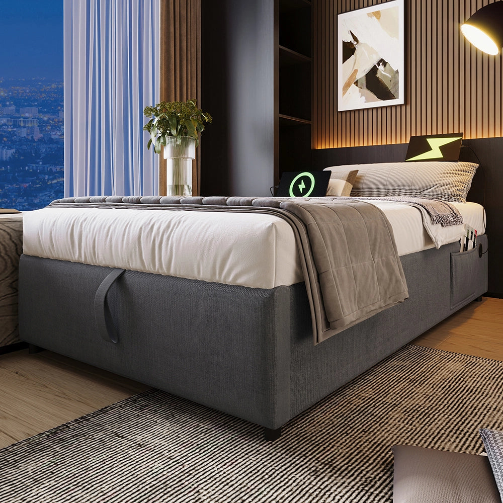 Letto singolo con cassettoni - Xylo - 90??190 cm - Grigio - USB-C