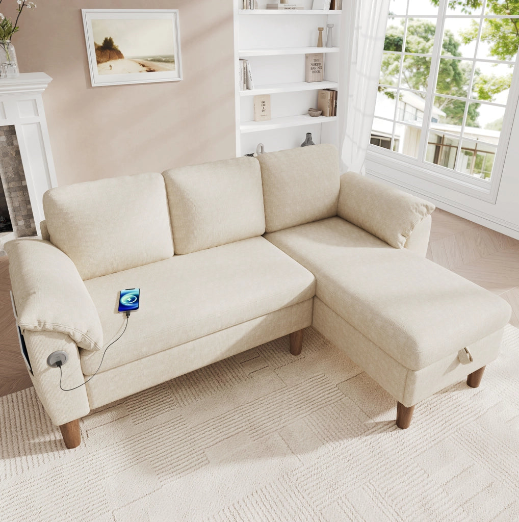 Divano angolare a L 181x125x88 cm con penisola reversibile; contenitore; USB/Type-C; chenille beige