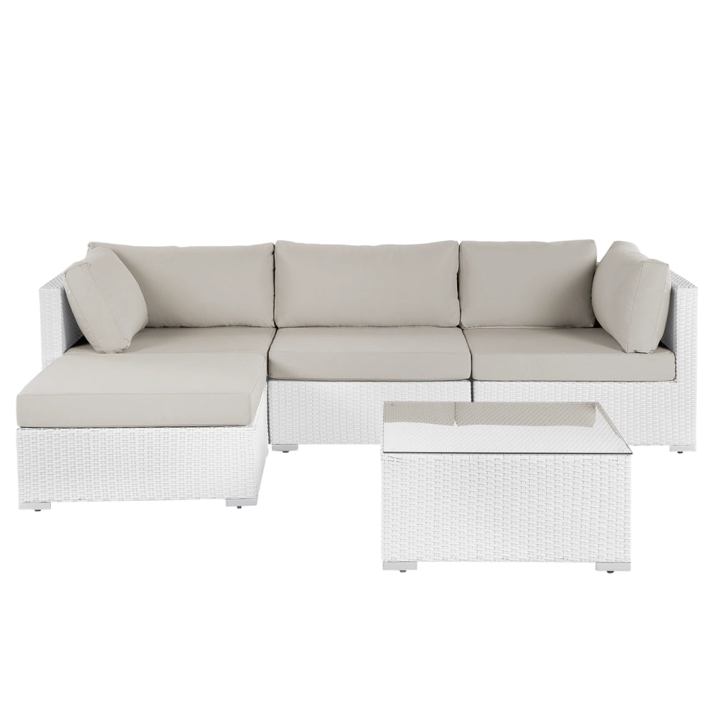 Set di divani da giardino in 2 pezzi bianco con cuscini beige Tavolino da caffè angolare a 5 posti