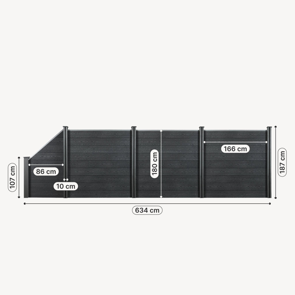 Recinzione in WPC per Giardino Staccionata da Elementi Inclinato e Rettangolari 183x625 cm Grigio NEU.HOLZ