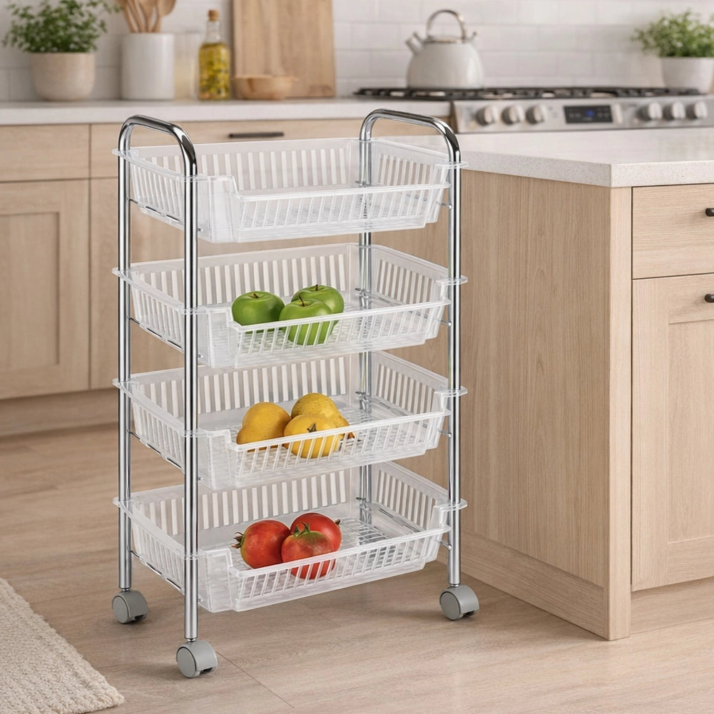 Carrello Portafrutta con 4 Cestelli Cestino in Plastica e Struttura in Metallo