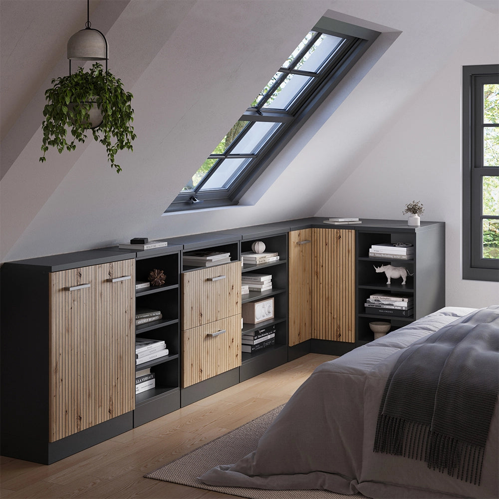 Mobile cucina angolare per sottotetto R-Line Rovere artigianale/Antracite 75.6 cm con 1 porta, carcassa dell’armadio profondità 60 cm Vicco