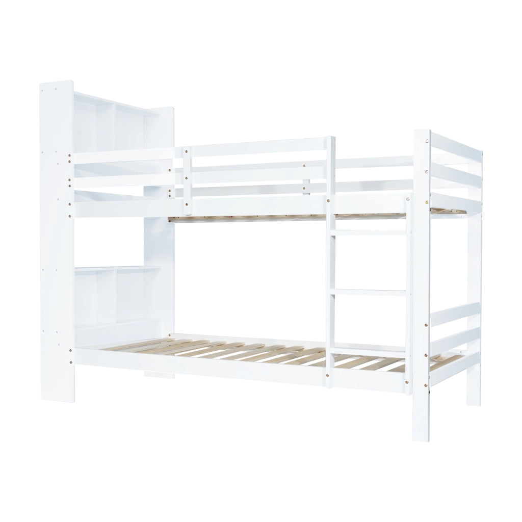 Letto a castello con ripiani e scala dritta a 3 gradini; bianco; 90x200 cm