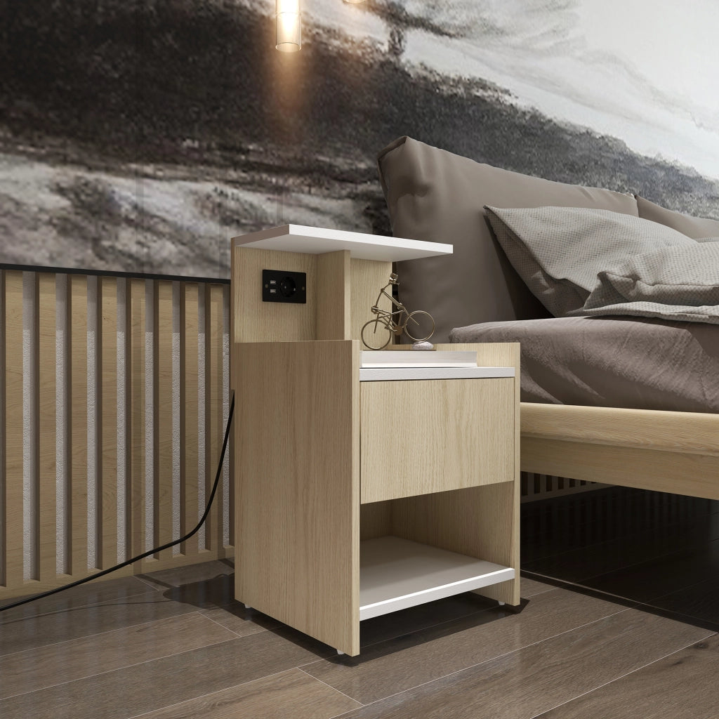 Comodino con USB, presa, cassetto e ripiani ¨C zephmum ¨C 40x40x60 cm, naturale