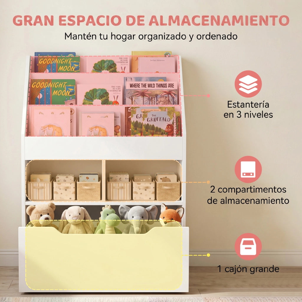 Libreria per bambini in legno con 3 ripiani, 2 cubi e cassetto mobile con ruote ¨C zephmum ¨C Bianco 60x29.9x90 cm