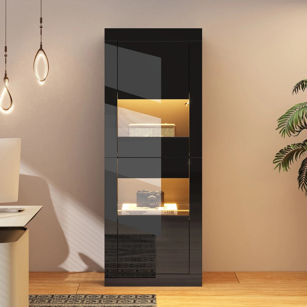 Vetrina con LED ¨C MINIMAL ¨C Nero Lucido, Ripiano in Vetro, 61x42x162 cm