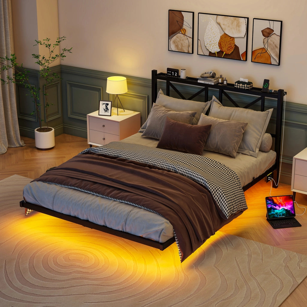 LETTO 140x200 cm in metallo nero con LED, stazione di ricarica e testiera