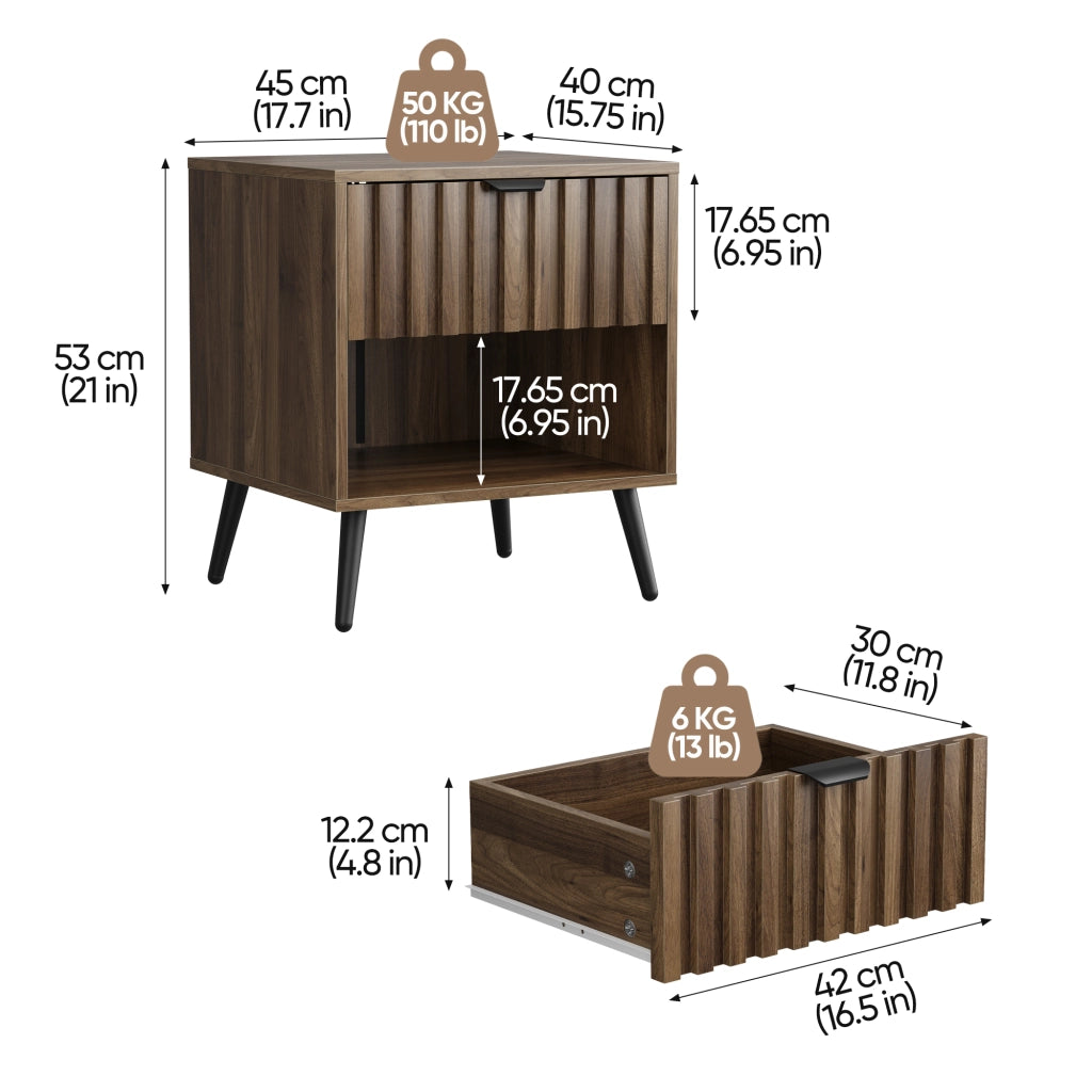 Comodino con 1 cassetto e 1 vano aperto, con gambe in metallo, per camera da letto, in MDF, noce, 45 × 40 × 53 cm
