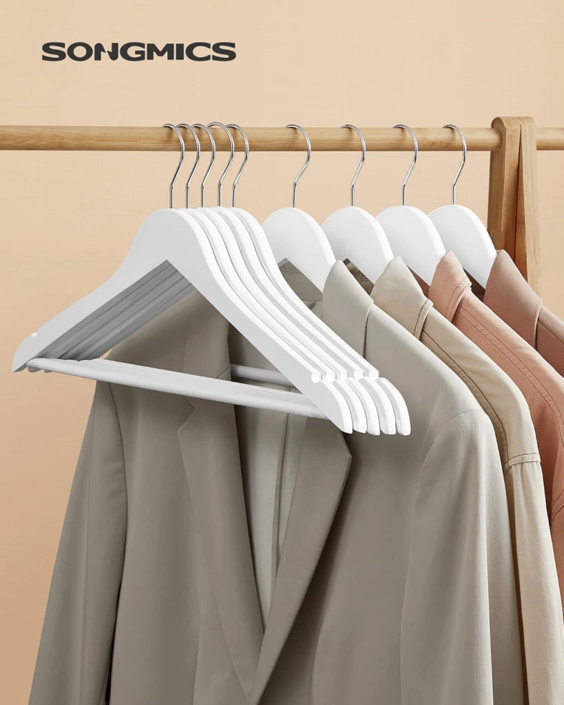 SONGMICS Appendiabiti in legno, 100 pezzi, con tacche antiscivolo, barra antiscivolo per pantaloni, gancio girevole a 360°, per abiti, camicie, cappotti, bianco CRW03W-100