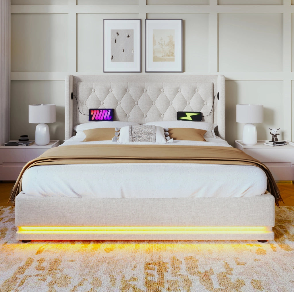 Letto matrimoniale imbottito 140x200 cm con contenitore; USB Type-C e LED; cotone beige (Senza materasso)