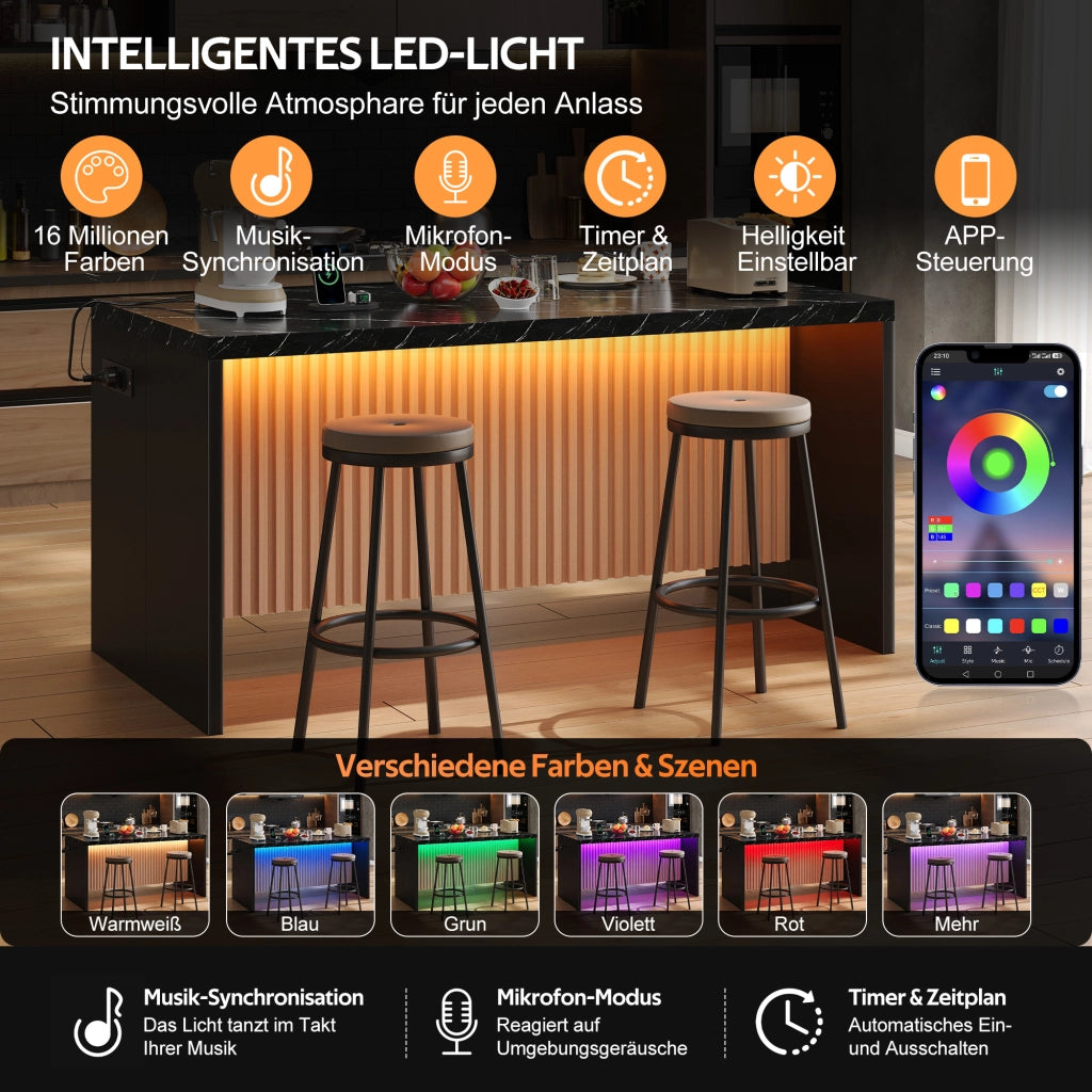 ISOLA CUCINA 155x80x90 cm Effetto marmo nero MDF con LED, prese EU e USB