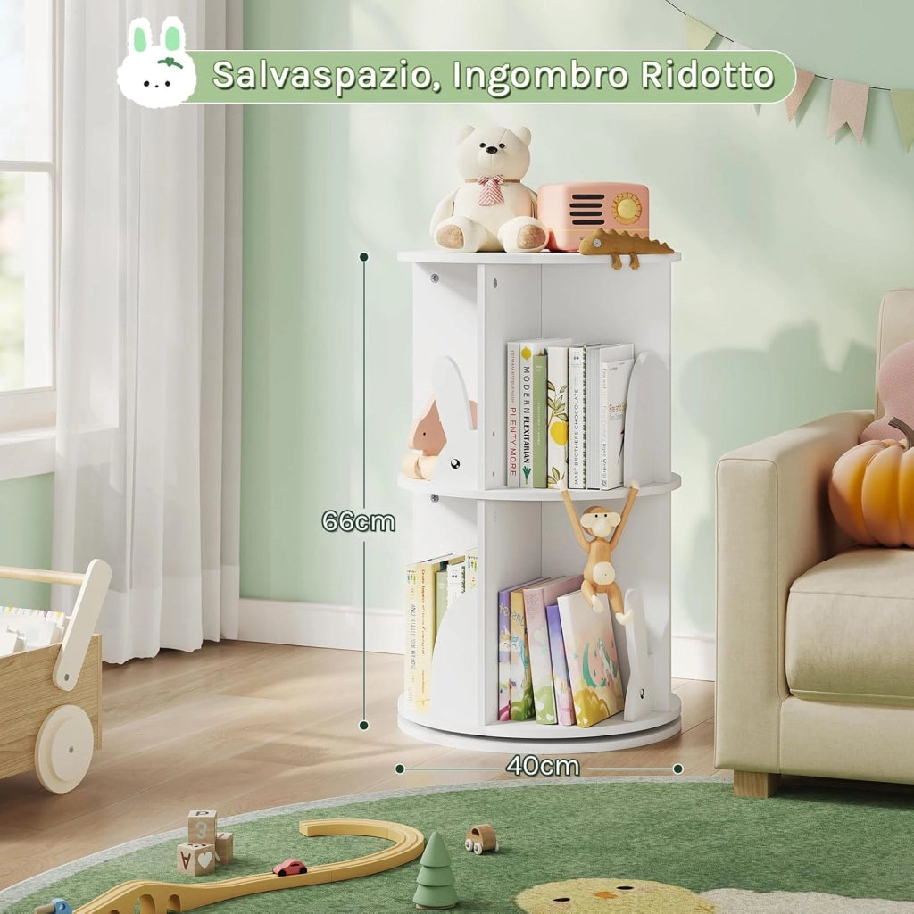 Libreria Rotante per Bambini a 2 Livelli, Porta Libri Girevole, Bianca per Soggiorno, Studio, Ufficio, Scaffale in Legno Autoportante