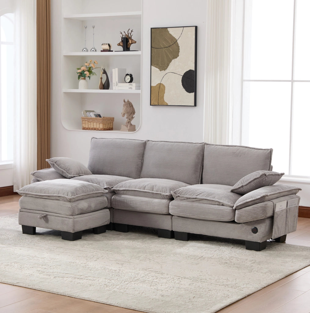 Divano modulare 3 posti con pouf; velluto a coste; USB-C; grigio chiaro