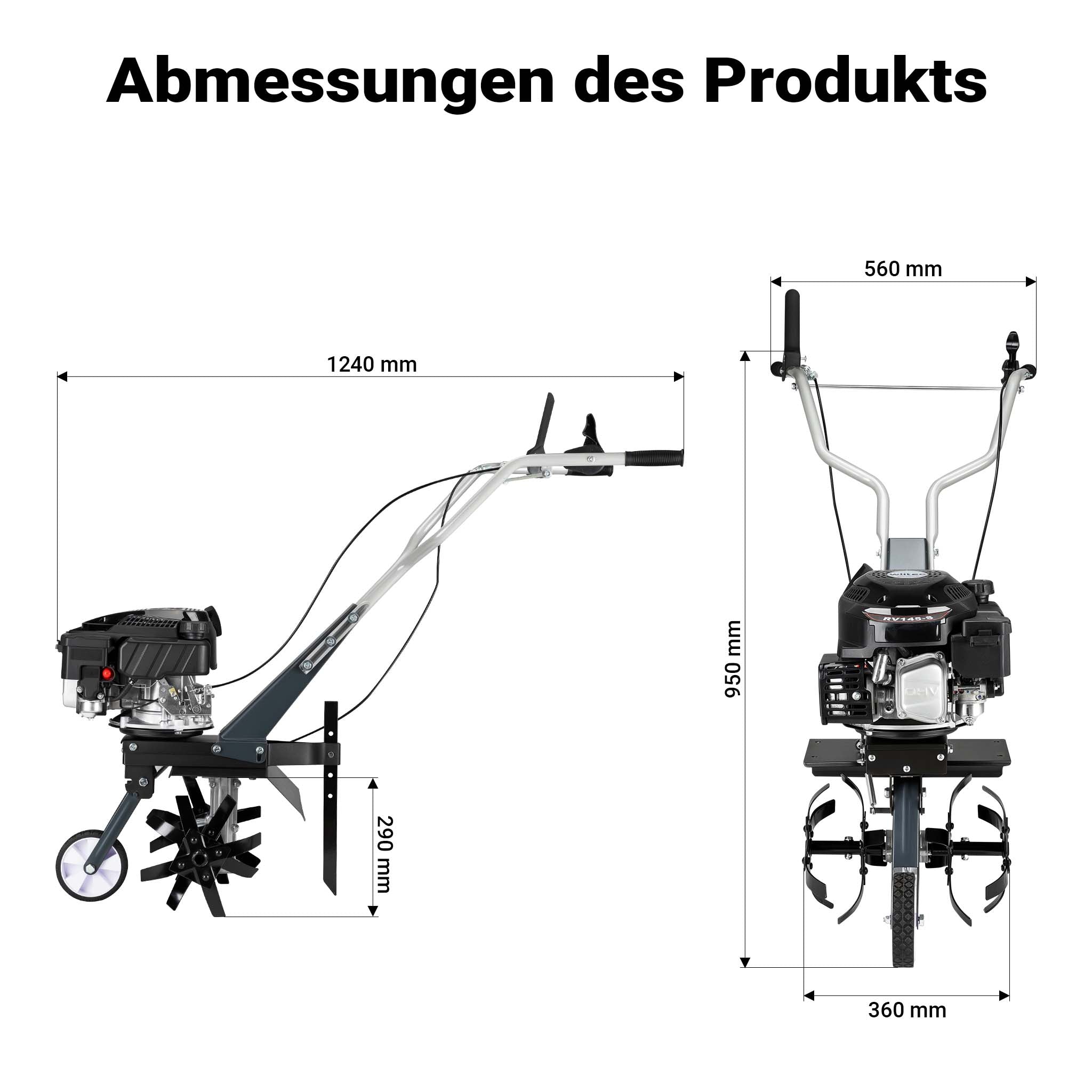 Motozappa a scoppio, fresa a scoppio, larghezza di lavoro 36 cm, profondità di lavoro 25 cm, motore a benzina a 4 tempi, 2,5 kW, 144cc , 4 set di lame