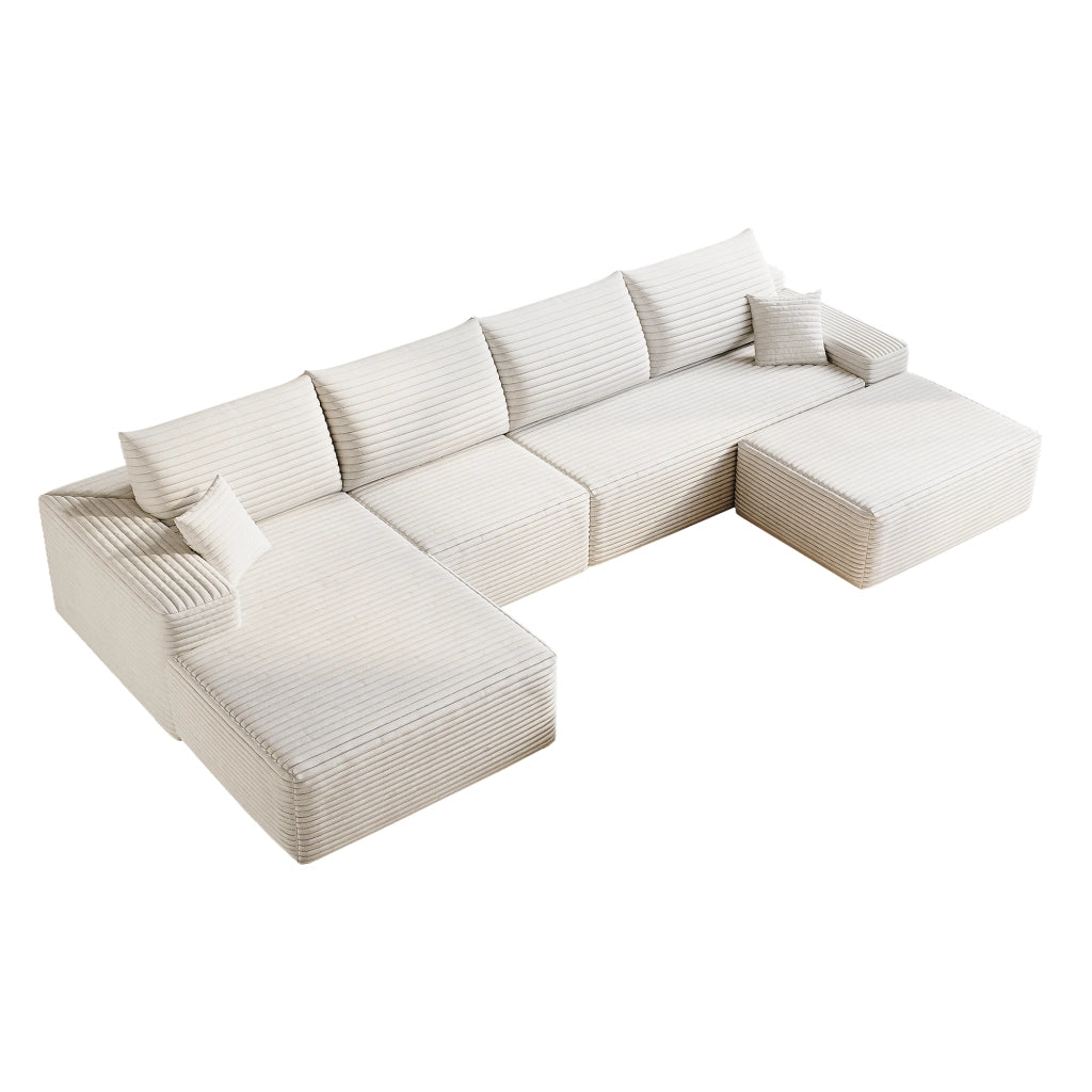 Divano modulare angolare con chaise longue; schiuma ad alta elasticità e montaggio semplice in tessuto bianco