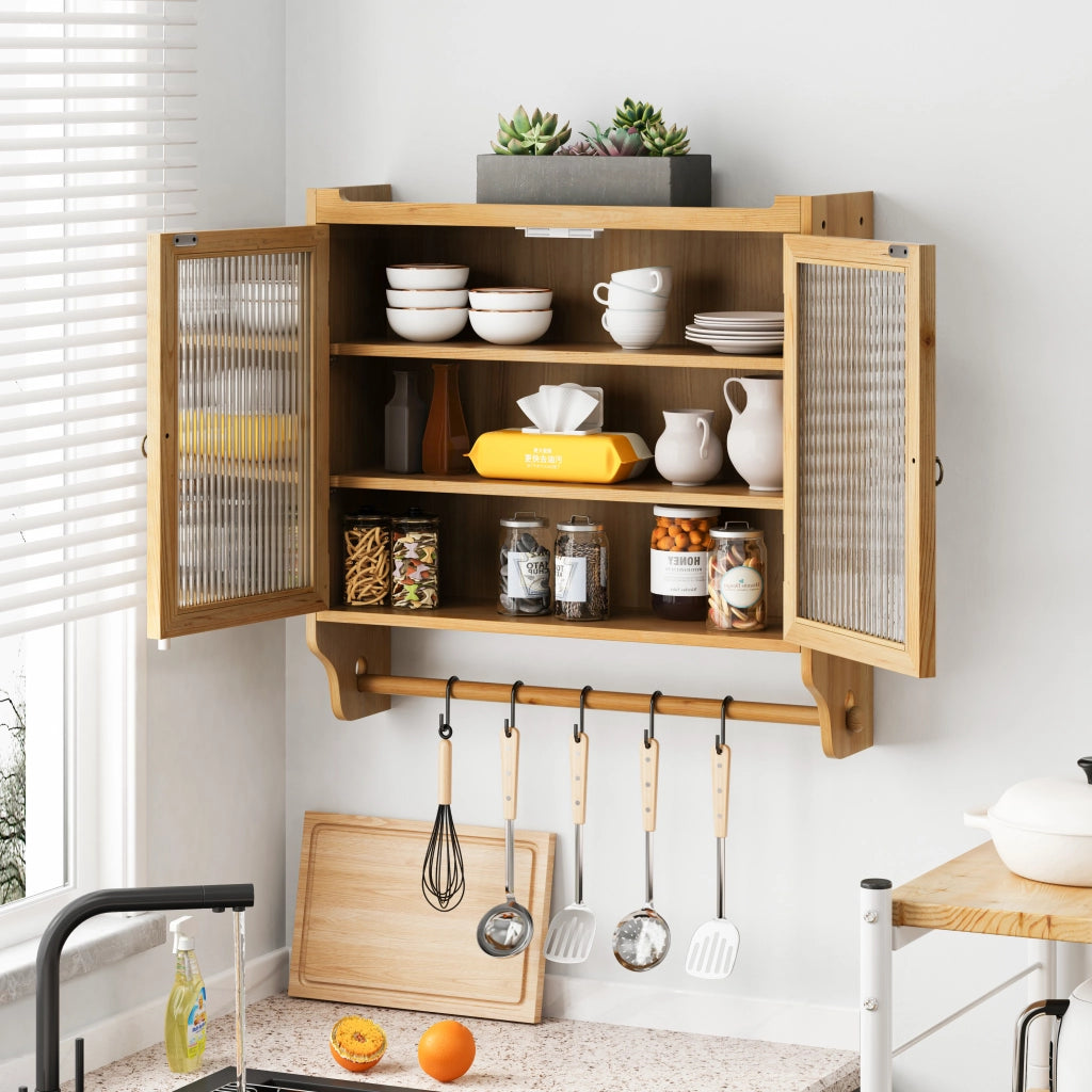 Pensile con 2 Ante; 3 Ripiani rimovibili e Portaasciugamani per Bagno in Legno; 63×18×60 cm; Naturale