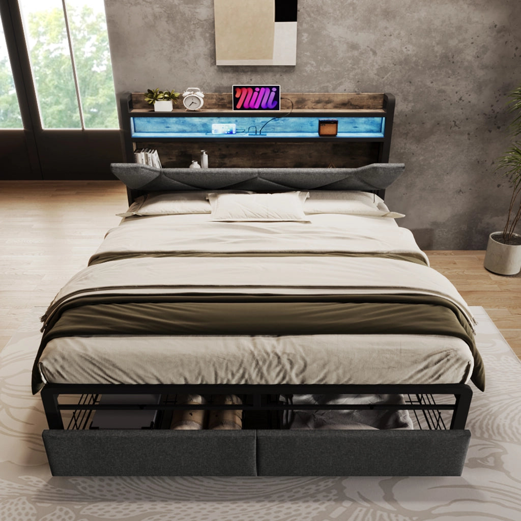 Letto matrimoniale 140x200 cm con testiera contenitore, luci LED, porte USB e cassetti, struttura in metallo, grigio