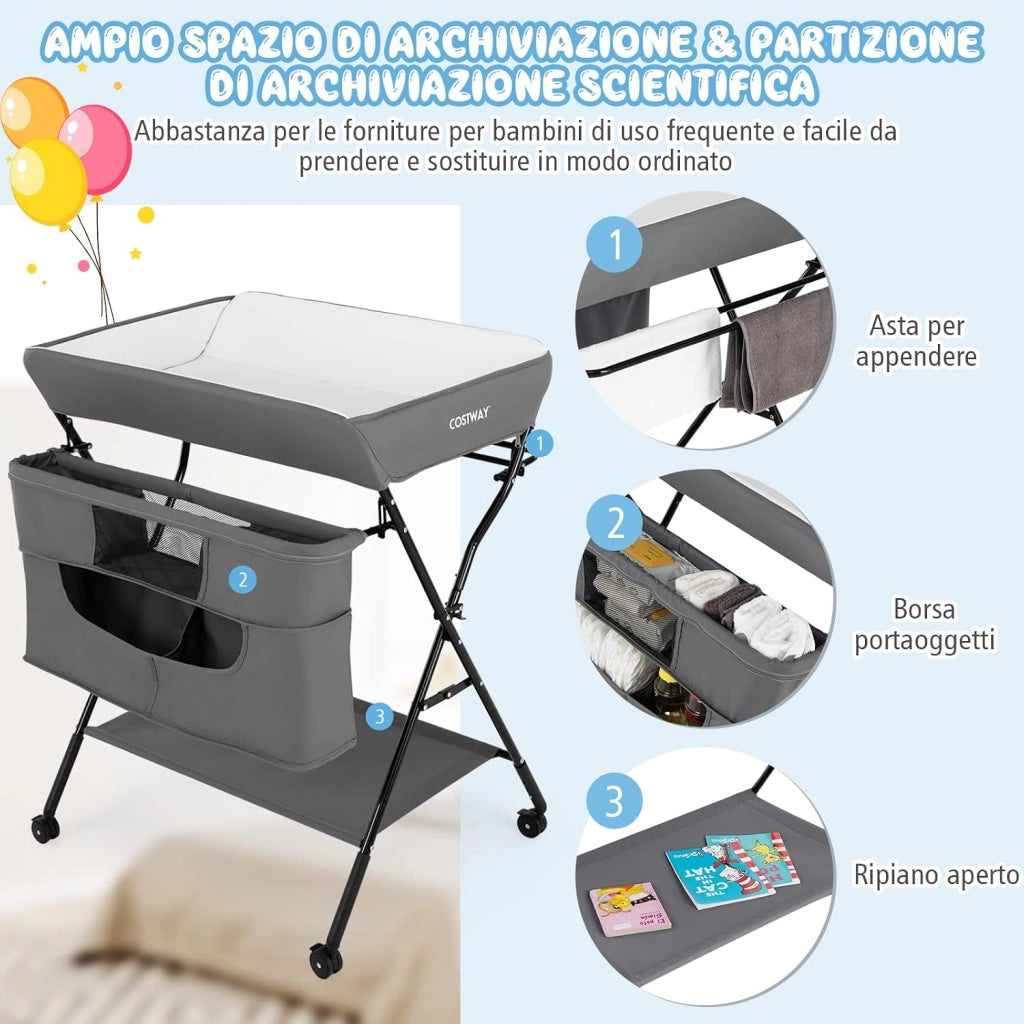 4-in-1 Fasciatoio Pieghevole con Rotelle, Altezza Regolabile, Fasciatoio Portatile con Portaoggetti Borsa e Ripiano, Fasciatoio Neonato 0-12 Mesi (Grigio)