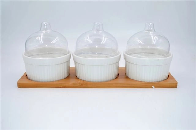 Antipastiera Ciotoline in Ceramica con Base in Legno 3 Coppette con Coperchi